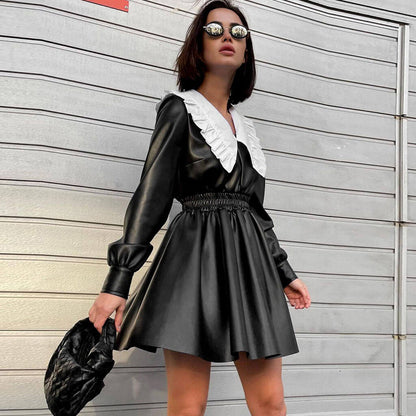 Faux Leather Peter Pan Collar Bishop Sleeve Smocked Waist Skater Mini Dress