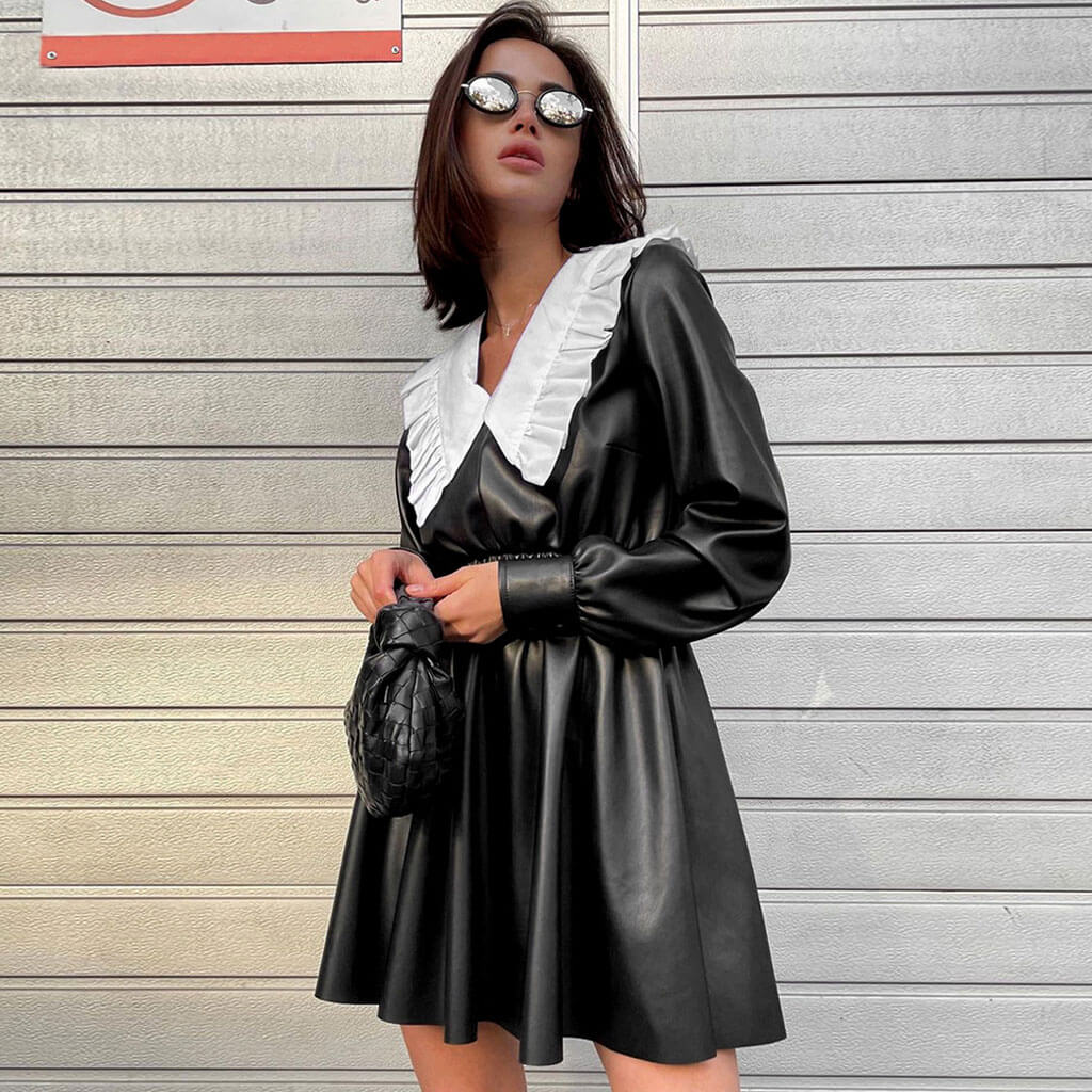 Faux Leather Peter Pan Collar Bishop Sleeve Smocked Waist Skater Mini Dress