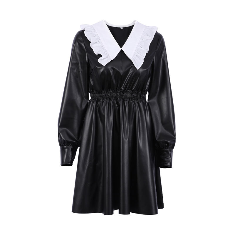 Faux Leather Peter Pan Collar Bishop Sleeve Smocked Waist Skater Mini Dress