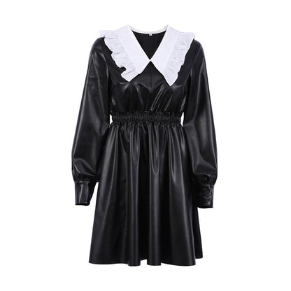 Faux Leather Peter Pan Collar Bishop Sleeve Smocked Waist Skater Mini Dress