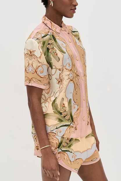 Royalty Unique Print Button Up Short Sleeve Shirt and Elastic Waist Pocketed Loose Shorts Set