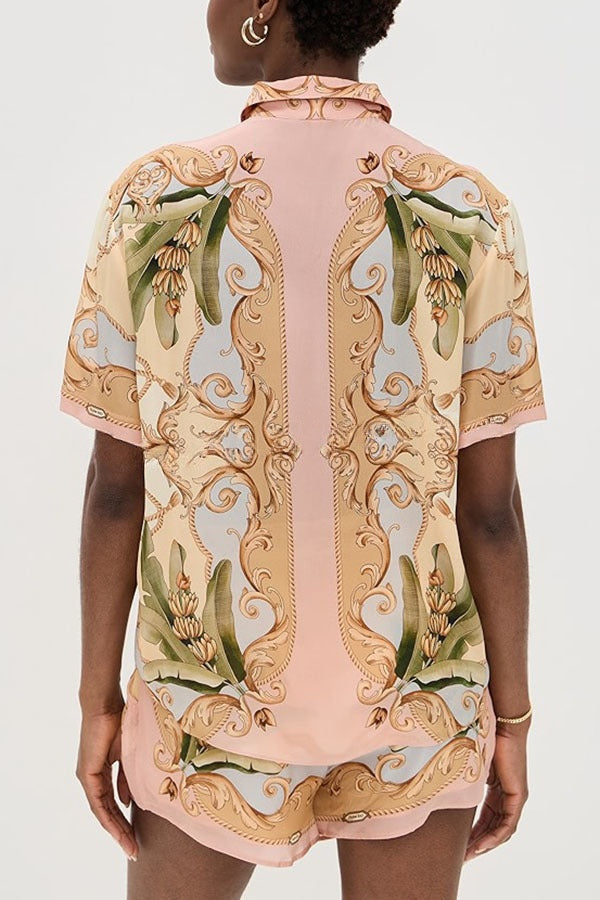 Royalty Unique Print Button Up Short Sleeve Shirt and Elastic Waist Pocketed Loose Shorts Set