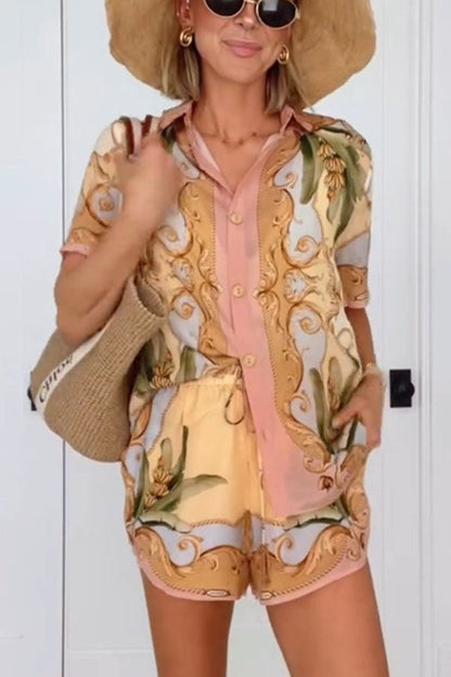 Royalty Unique Print Button Up Short Sleeve Shirt and Elastic Waist Pocketed Loose Shorts Set