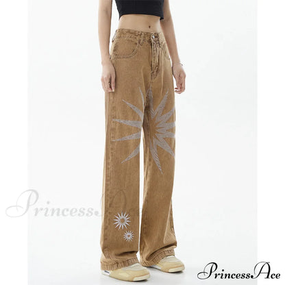 Graphic Pattern Vintage Khaki Jeans