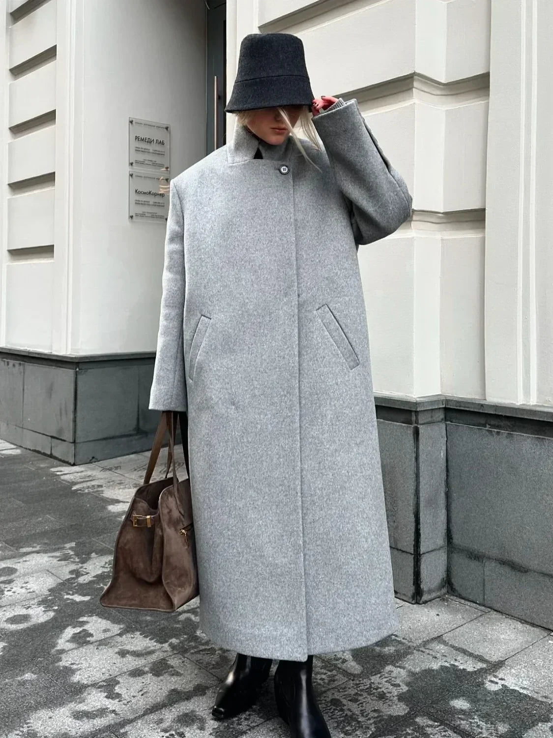 Gray Casual Wool Notched Button Up Overcoat