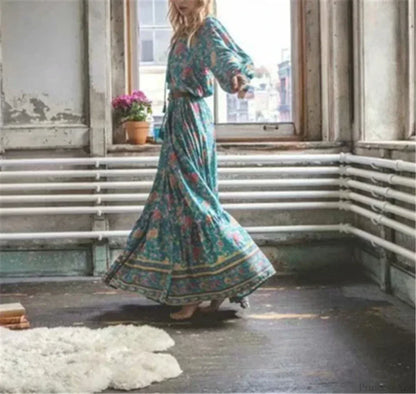Green Floral Print Tassel Rayon Cotton Beach Maxi Boho Dress