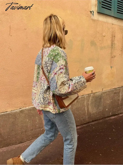 Green Flower Printed Quilted Cotton Coat Women Long Sleeve Single Breasted Warm Jacket Autumn Winter Chic Female Streetwear