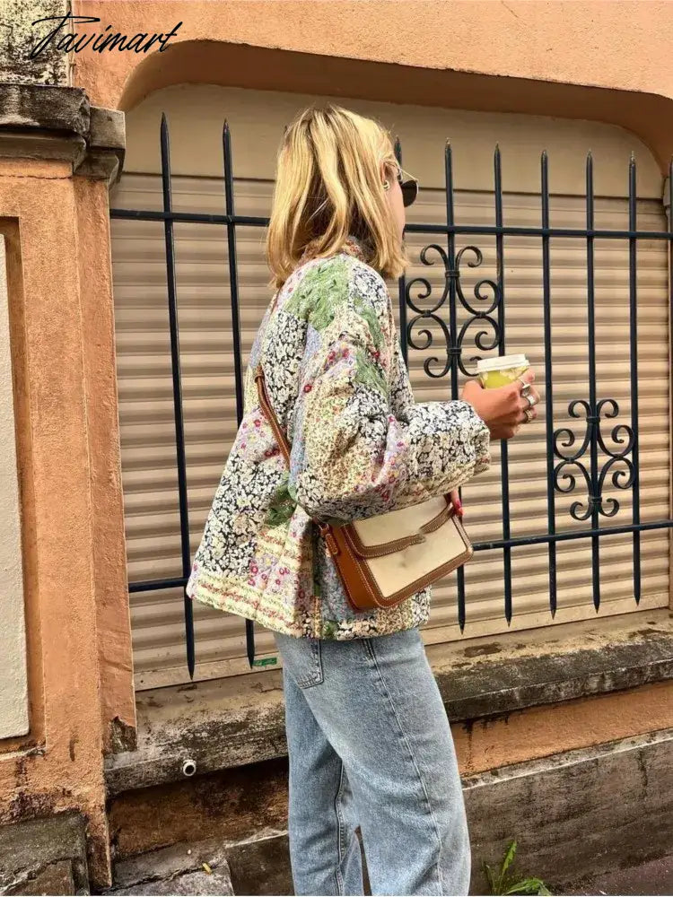 Green Flower Printed Quilted Cotton Coat Women Long Sleeve Single Breasted Warm Jacket Autumn Winter Chic Female Streetwear