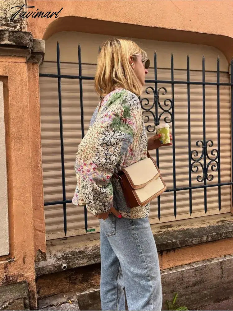 Green Flower Printed Quilted Cotton Coat Women Long Sleeve Single Breasted Warm Jacket Autumn Winter Chic Female Streetwear