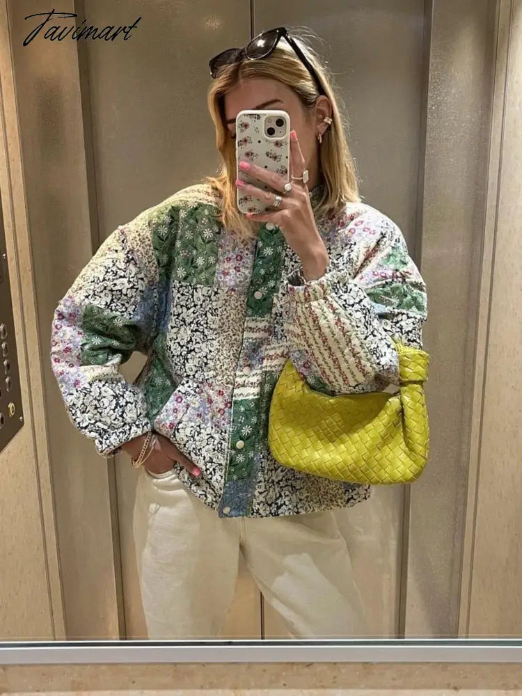 Green Flower Printed Quilted Cotton Coat Women Long Sleeve Single Breasted Warm Jacket Autumn Winter Chic Female Streetwear