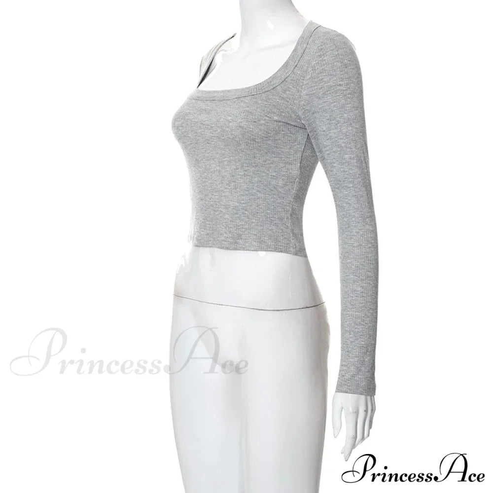 Grey Ribbed Long Charming Sleeve Crop Top