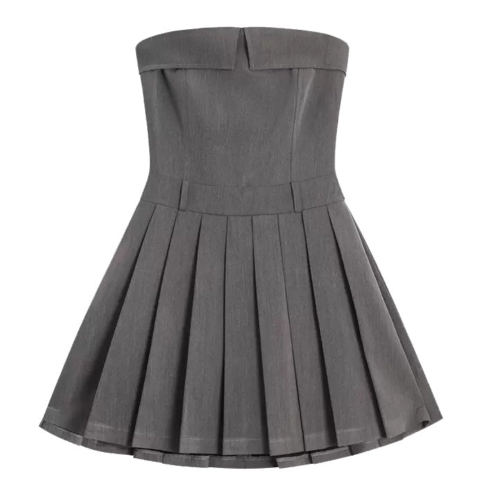 Strapless Fold-Over Collar Pleated Belt Loop Uniform Mini Dress
