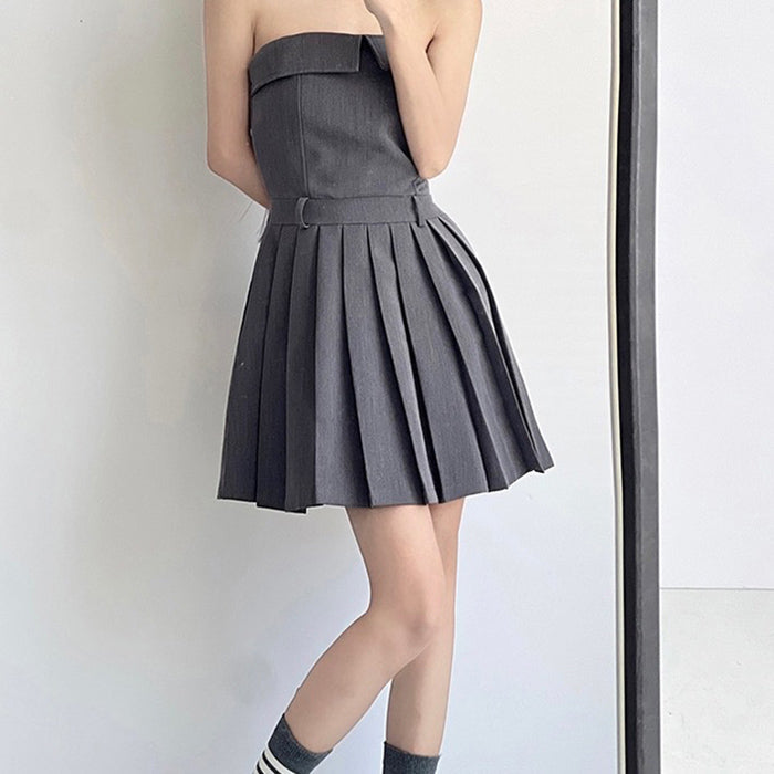 Strapless Fold-Over Collar Pleated Belt Loop Uniform Mini Dress