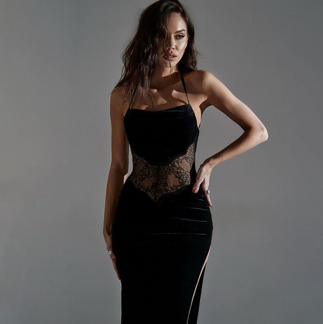 Spaghetti Strap Lace Waist Panel High Slit Velvet Bodycon Maxi Dress
