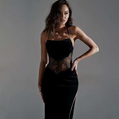 Spaghetti Strap Lace Waist Panel High Slit Velvet Bodycon Maxi Dress