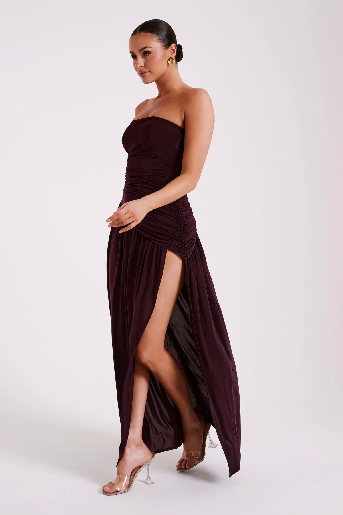 Strapless Ruched Diagonal Seam High Slit Maxi Dress
