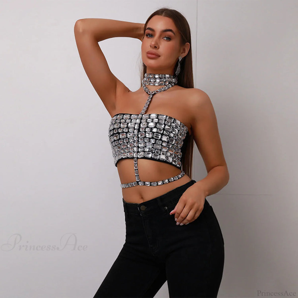 Halter Beaded Lace-Up Bandage Crop Prom Dress
