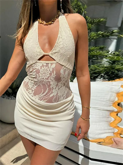 Halter Neck Floral Lace V Cutout Ruched Asymmetric Hem Mini Dress