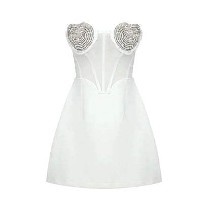 Sweetheart Rhinestone Bustier Mesh Overlay Mini Dress