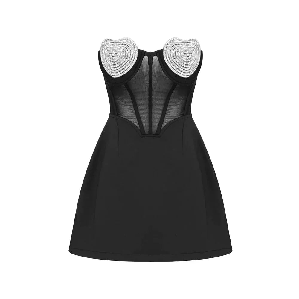 Sweetheart Rhinestone Bustier Mesh Overlay Mini Dress