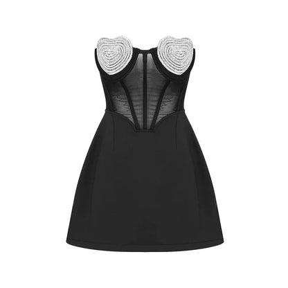 Sweetheart Rhinestone Bustier Mesh Overlay Mini Dress