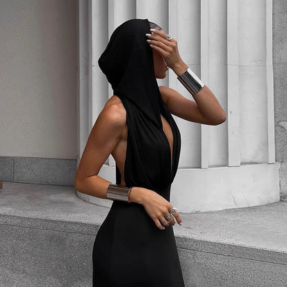 Hooded Open Back Center Strap Column Midi Dress