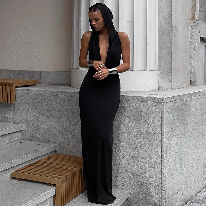 Hooded Open Back Center Strap Column Midi Dress