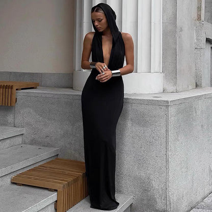 Hooded Open Back Center Strap Column Midi Dress