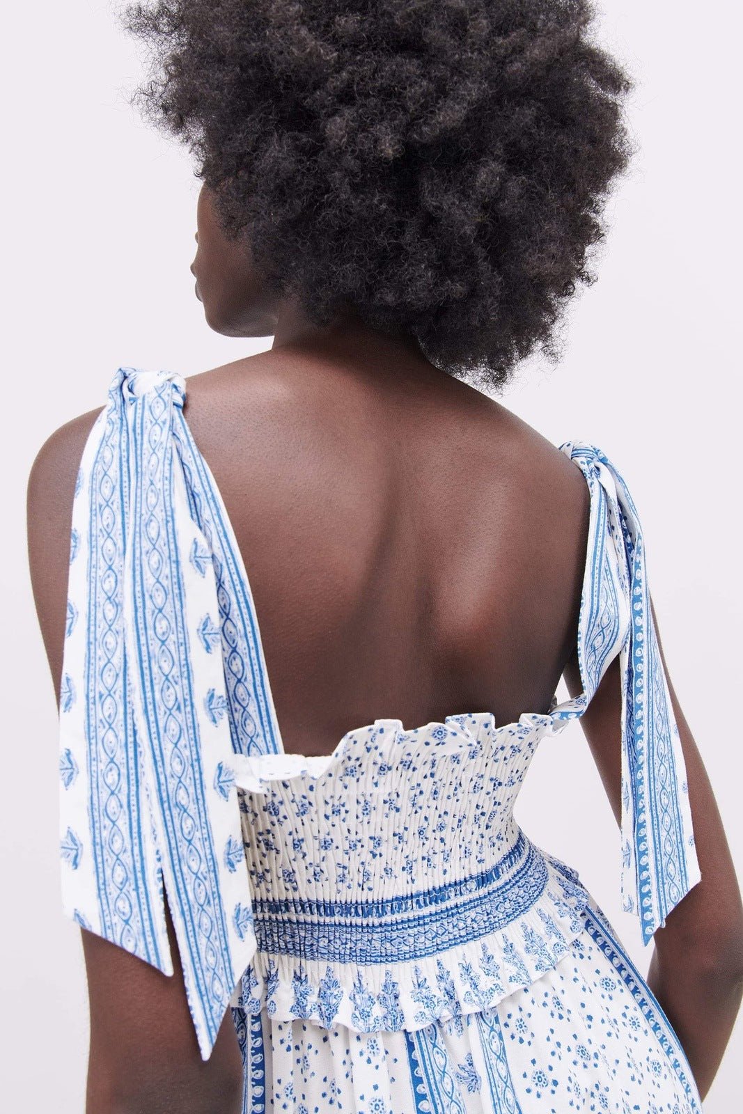Patchwork Print Smocked Tie Shoulder Square Neck Ruffle Trim Midi Dress
