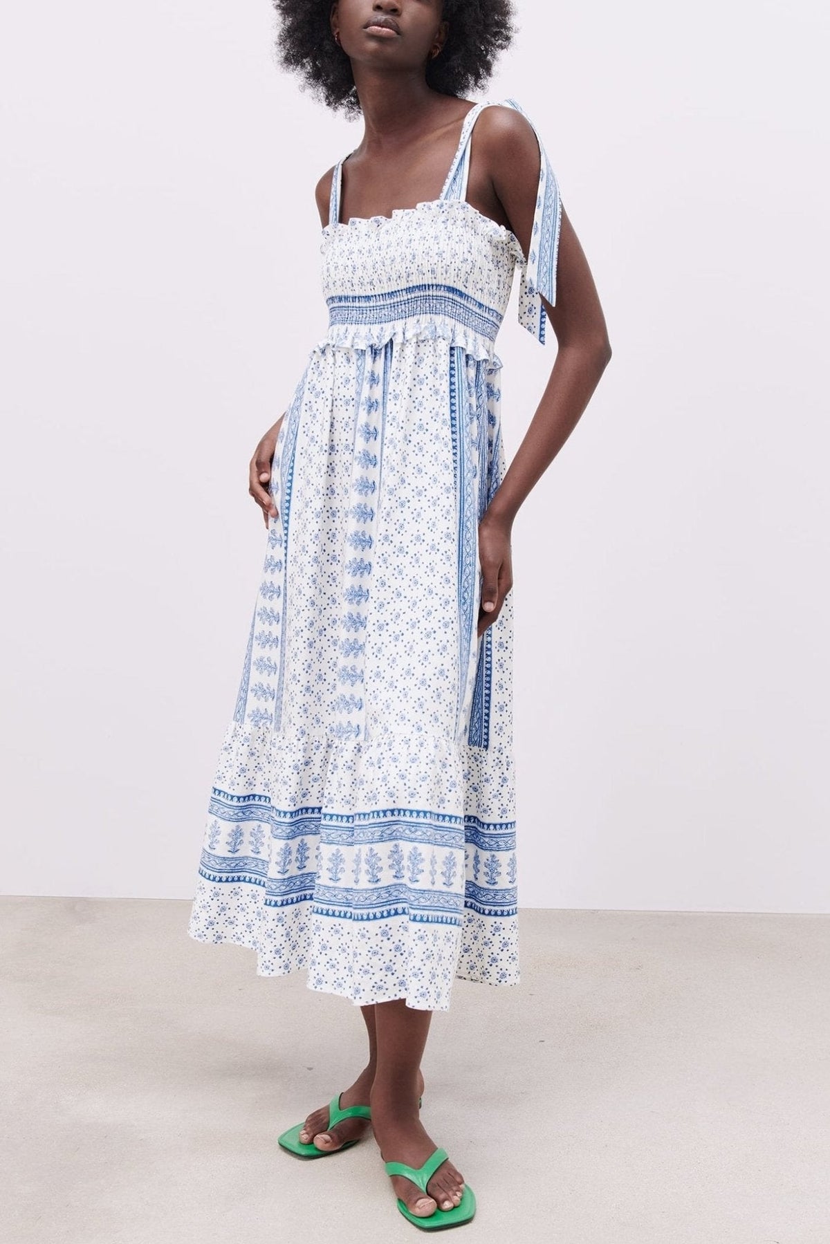 Patchwork Print Smocked Tie Shoulder Square Neck Ruffle Trim Midi Dress