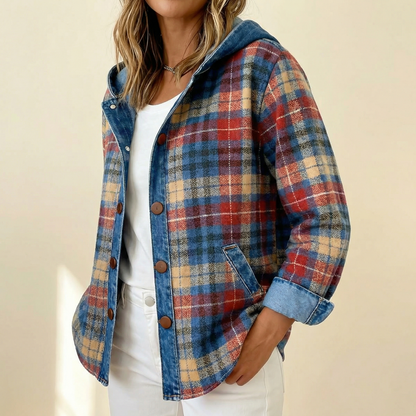 Women’s Contrast Denim Plaid Hooded Jacket