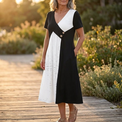 Diagonal Patchwork V-Neck Midi Dress