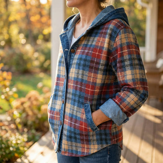 Women’s Contrast Denim Plaid Hooded Jacket
