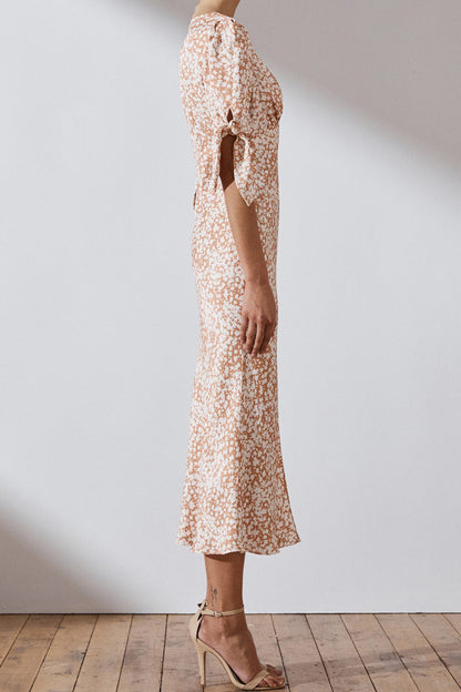 Ditsy Floral Print Puff Sleeve Tie Cuff Deep V Front Slit Midi Dress
