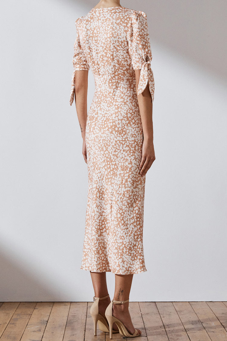 Ditsy Floral Print Puff Sleeve Tie Cuff Deep V Front Slit Midi Dress