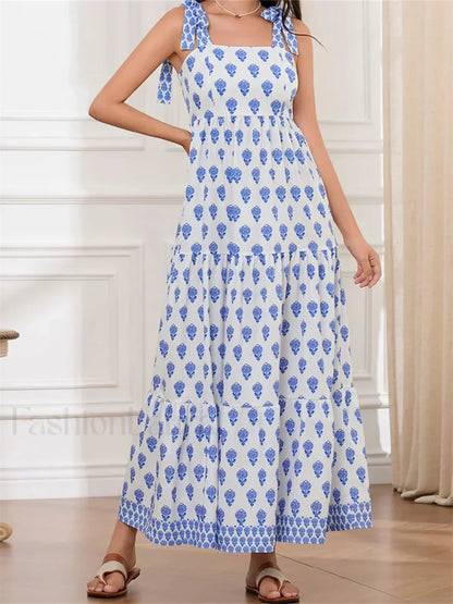 High Waist Tie Strap Print Maxi Dress