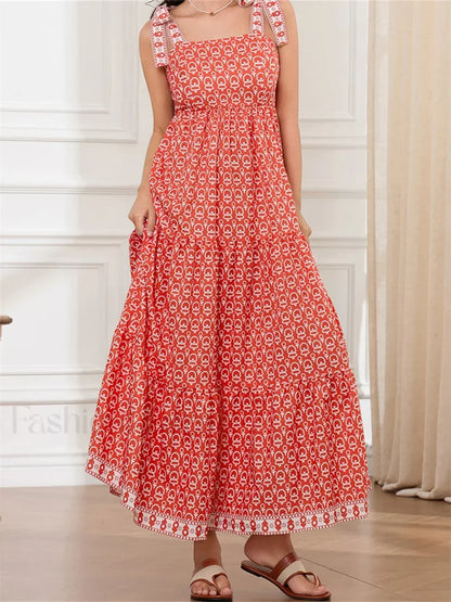 High Waist Tie Strap Print Maxi Dress
