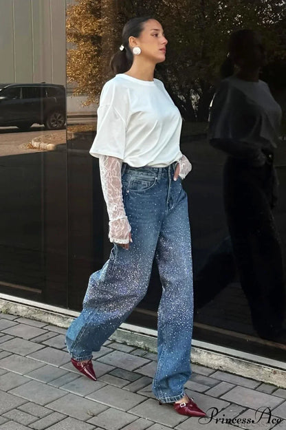 High Waisted Allover Rhinestone Straight Leg Jeans