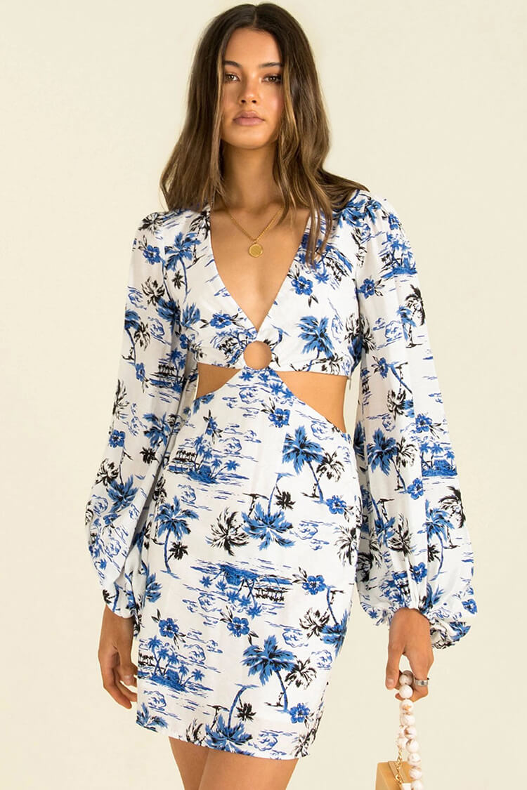 Tropical Print V Neck Puff Sleeve Waist Cutout Ring Detail Mini Dress