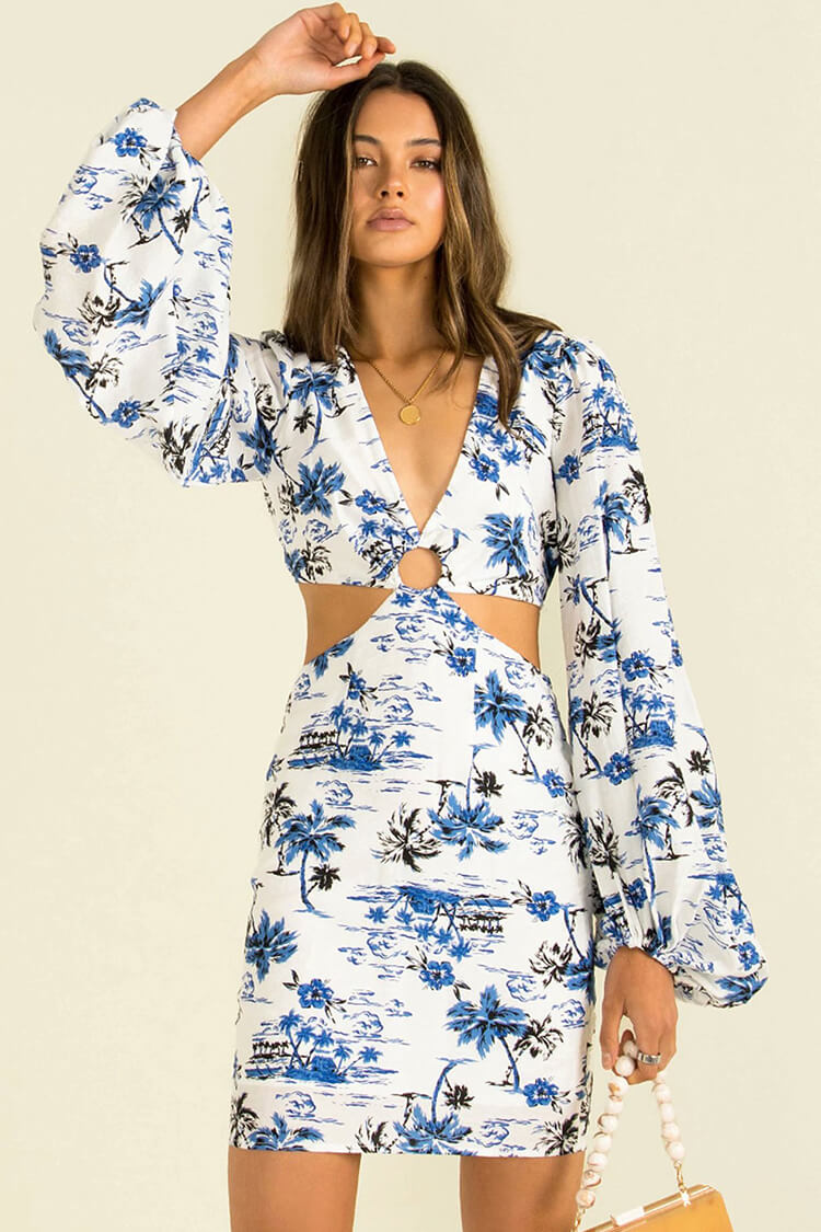 Tropical Print V Neck Puff Sleeve Waist Cutout Ring Detail Mini Dress
