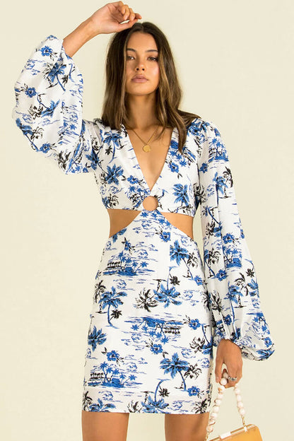 Tropical Print V Neck Puff Sleeve Waist Cutout Ring Detail Mini Dress