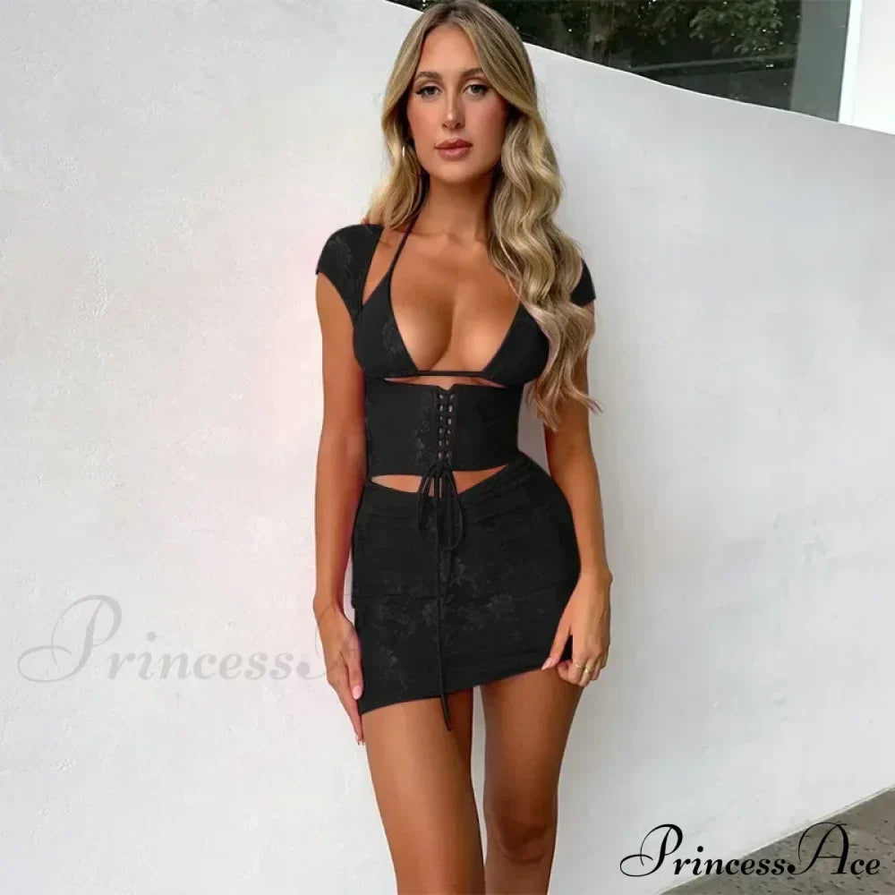Hollow Out Jacquard Lace Co-ords Set Mini Dress