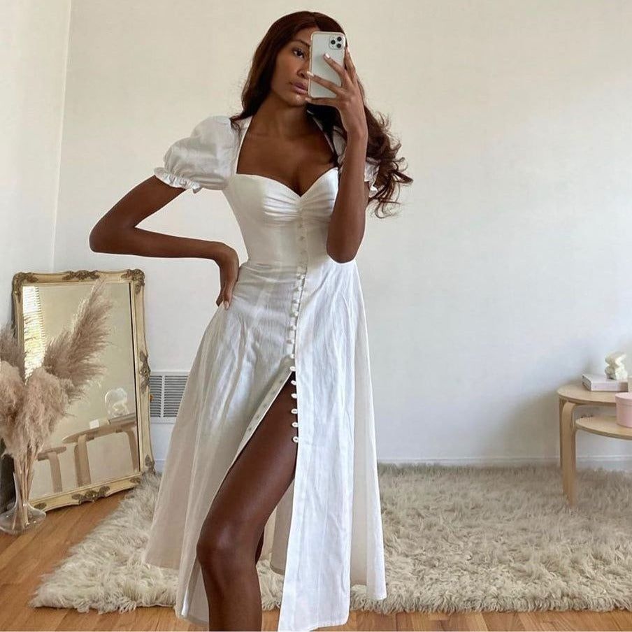 Sweetheart Ruched Puff Sleeve Button Front A Line Midi Dress