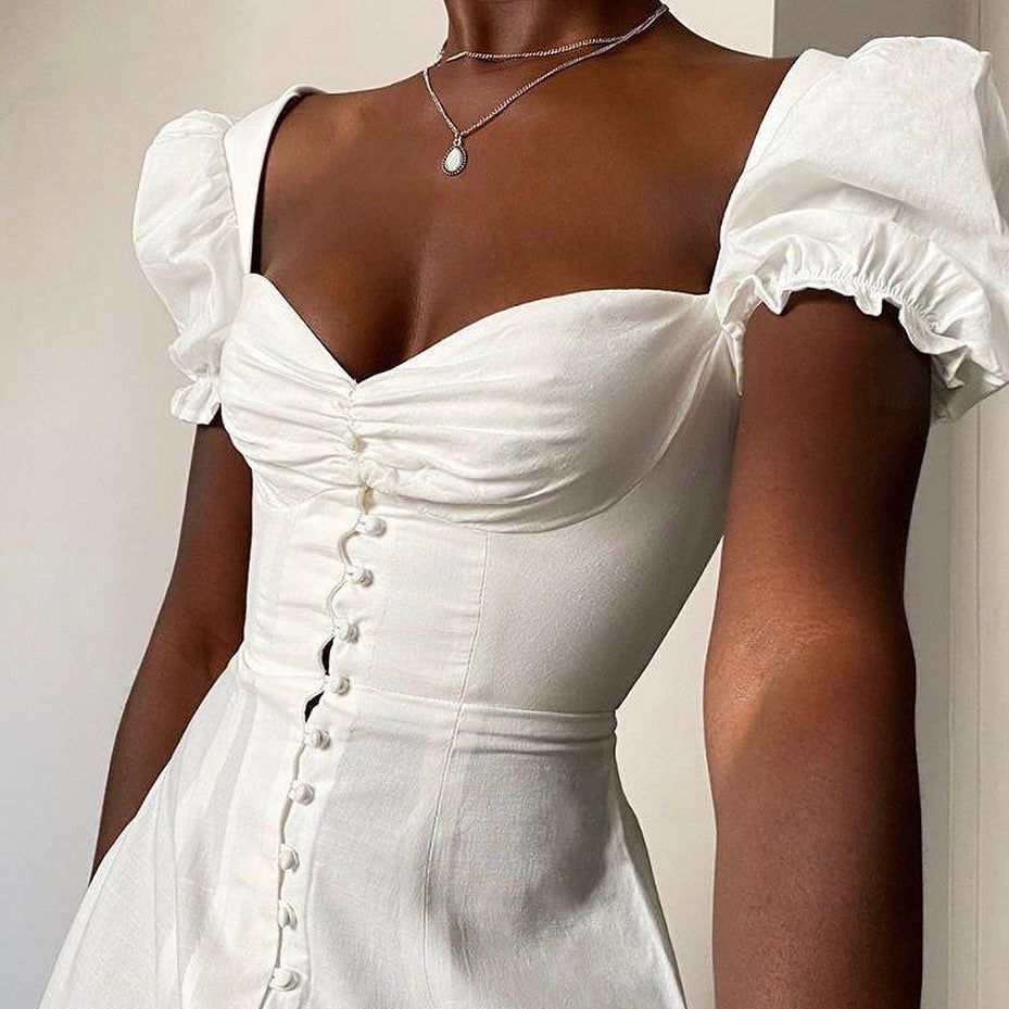 Sweetheart Ruched Puff Sleeve Button Front A Line Midi Dress
