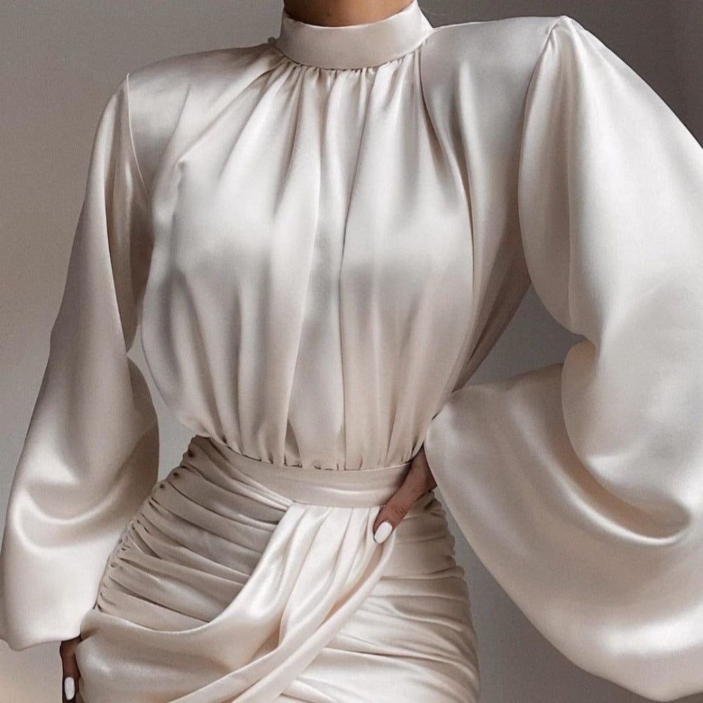 Satin Mock Neck Puff Sleeve Ruched Draped Front Mini Dress