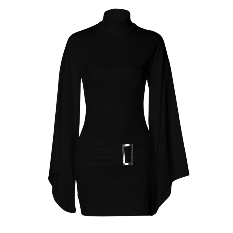 Mock Neck Ruched Waist Metal Buckle Angel Sleeve Bodycon Mini Dress