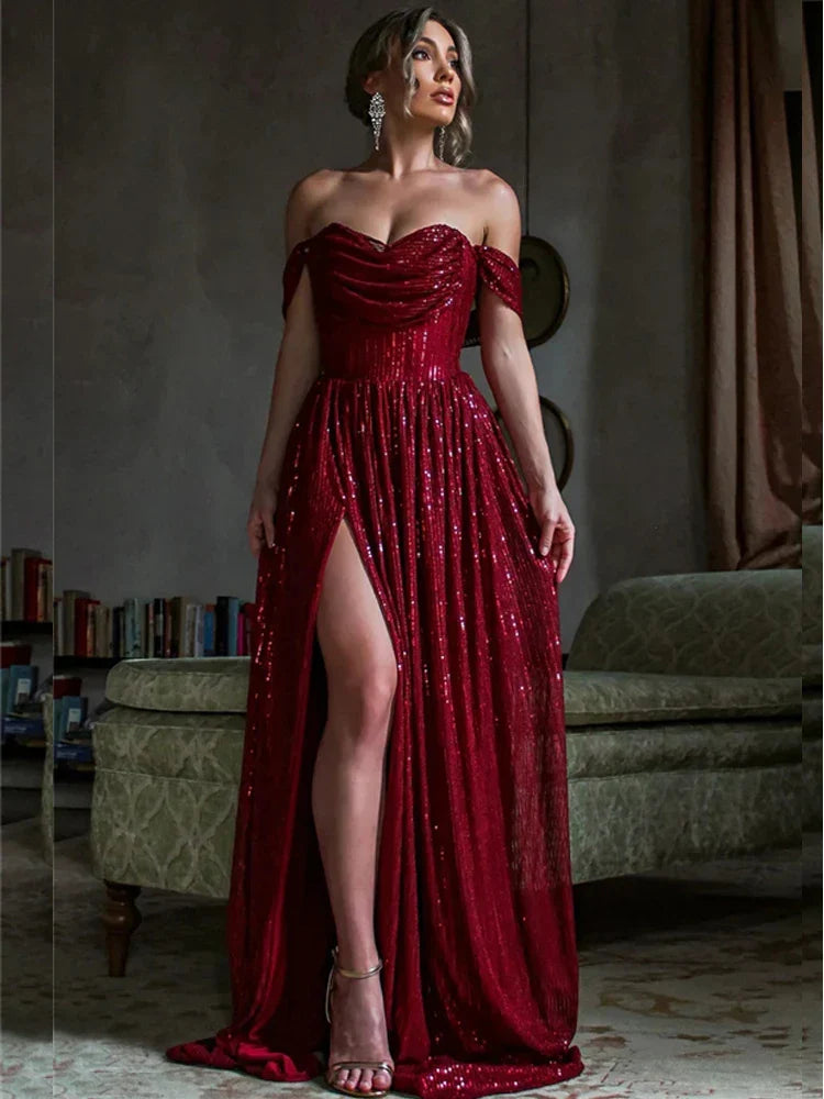 Off-Shoulder Ruched Sequin Party Dress