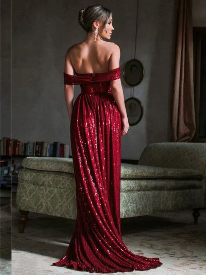 Off-Shoulder Ruched Sequin Party Dress