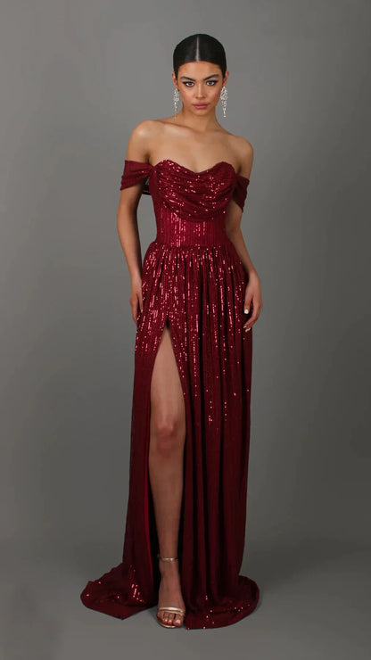 Off-Shoulder Ruched Sequin Party Dress