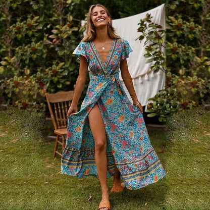 Deep V Neck Flutter Sleeve Wrap Tie Bohemian Print High Slit Maxi Dress